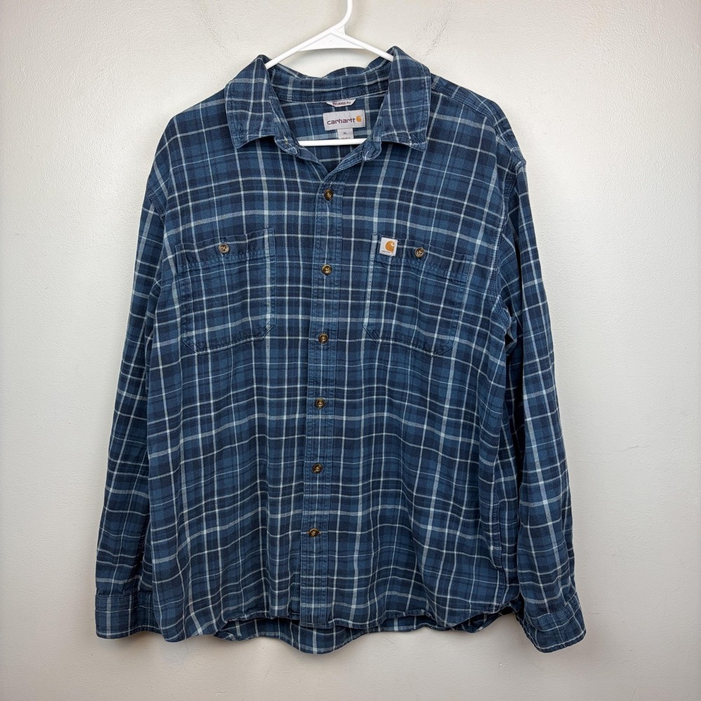 Carhartt Shirt Mens XL Blue Plaid Flannel Long Sleeve Button Up Pockets Workwear - Picture 2 of 9